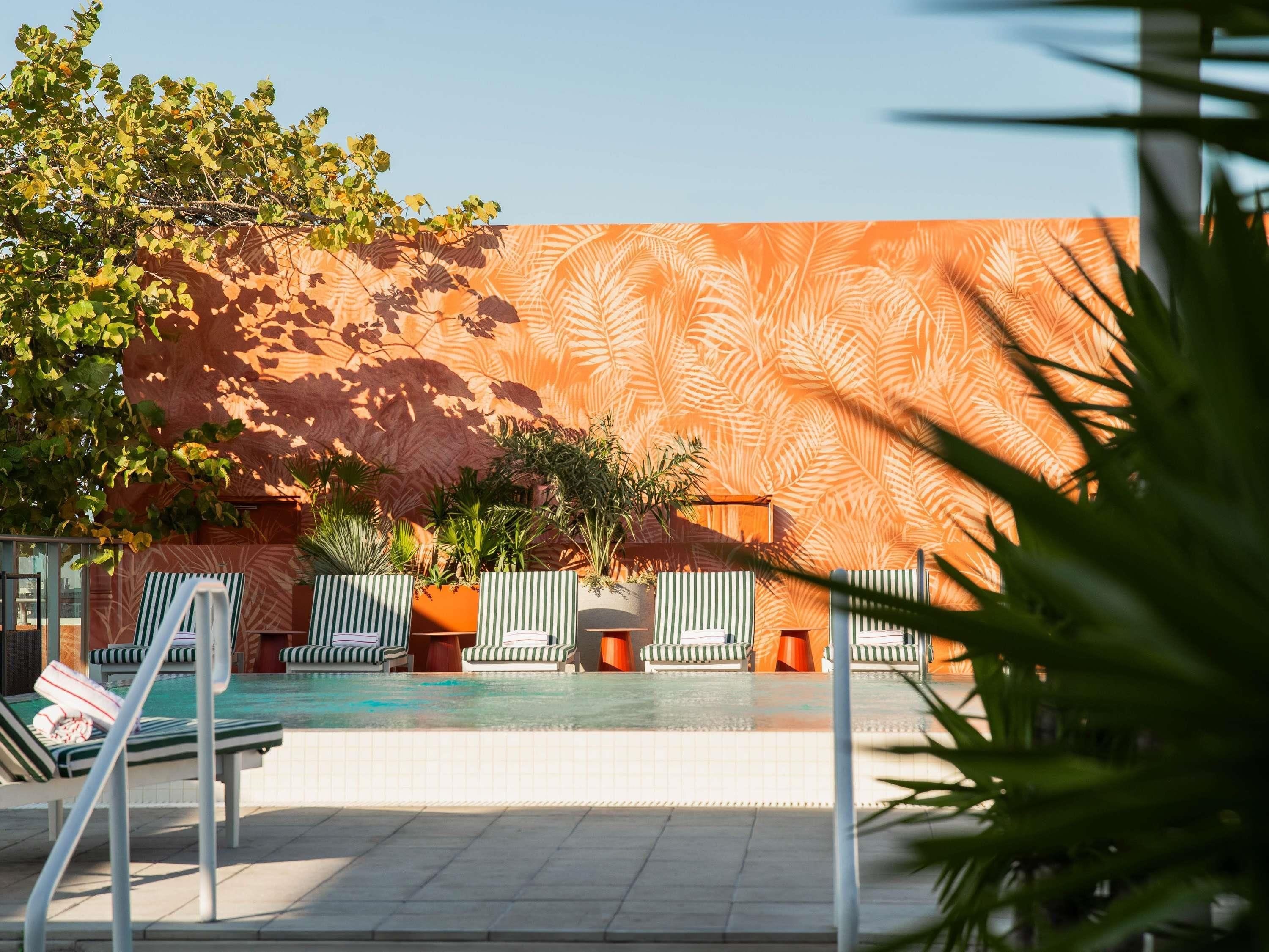 Area piscina con lettini, piante in vaso e parete decorata.