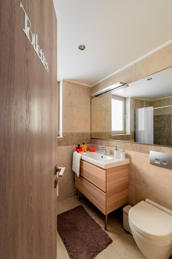 Ein modernes Badezimmer mit einem Holzkosmetikschrank, einer Toilette und einem großen Spiegel.