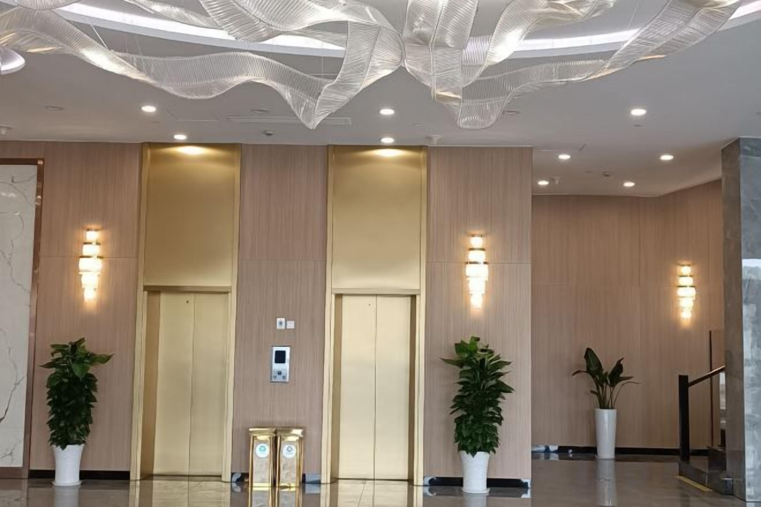 Un vestíbulo moderno con dos ascensores, plantas en macetas y un techo decorativo.