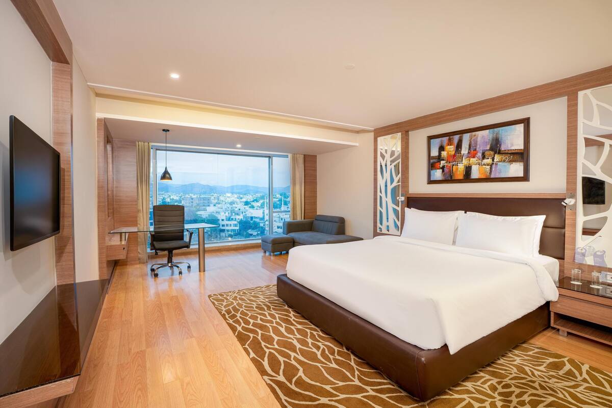 A hotel room with a large bed, a desk, a chair, a TV, and a city view.