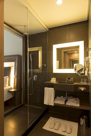 Appartement Exécutif, 1 grand lit | Salle de bain | Douche, articles de toilette écologiques, sèche-cheveux. Novotel Santos Gonzaga