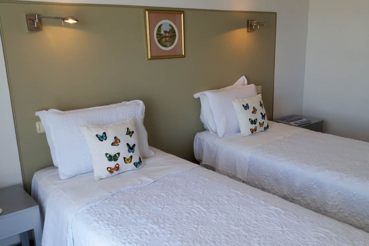 A hotel room with two beds, each with white bedding and butterfly-themed pillows. There is a framed picture on the wall above the beds and a mirror on the right side.