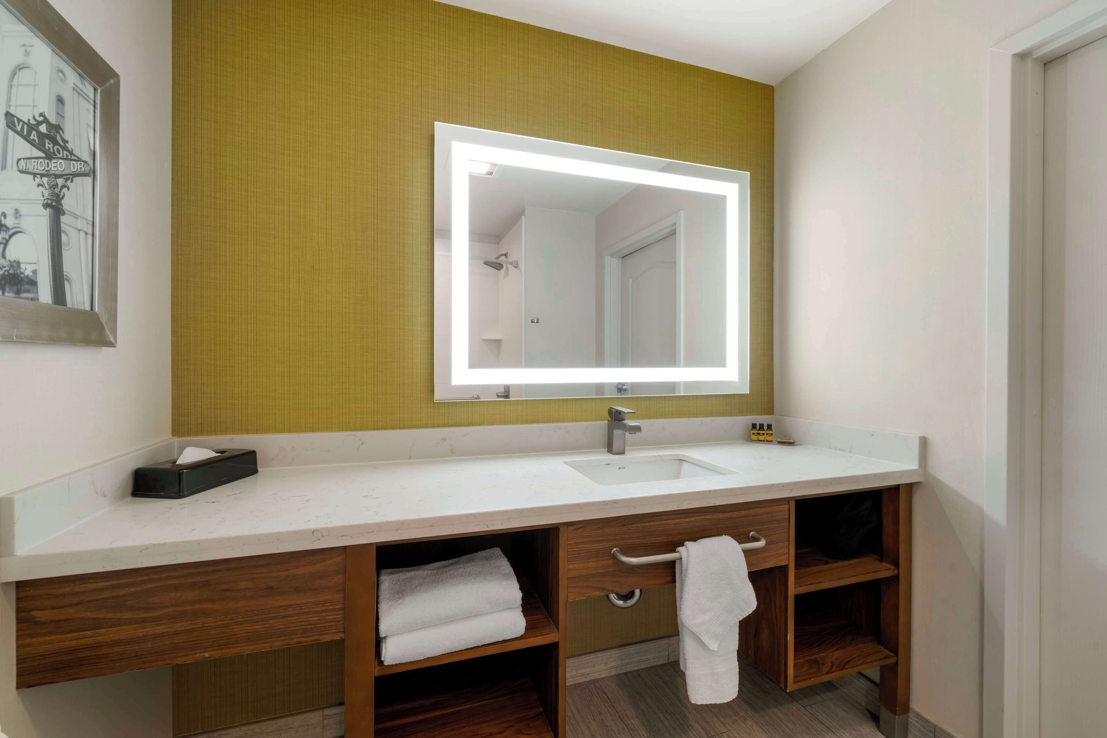 Une salle de bain moderne avec un lavabo blanc, un grand miroir et des meubles en bois.