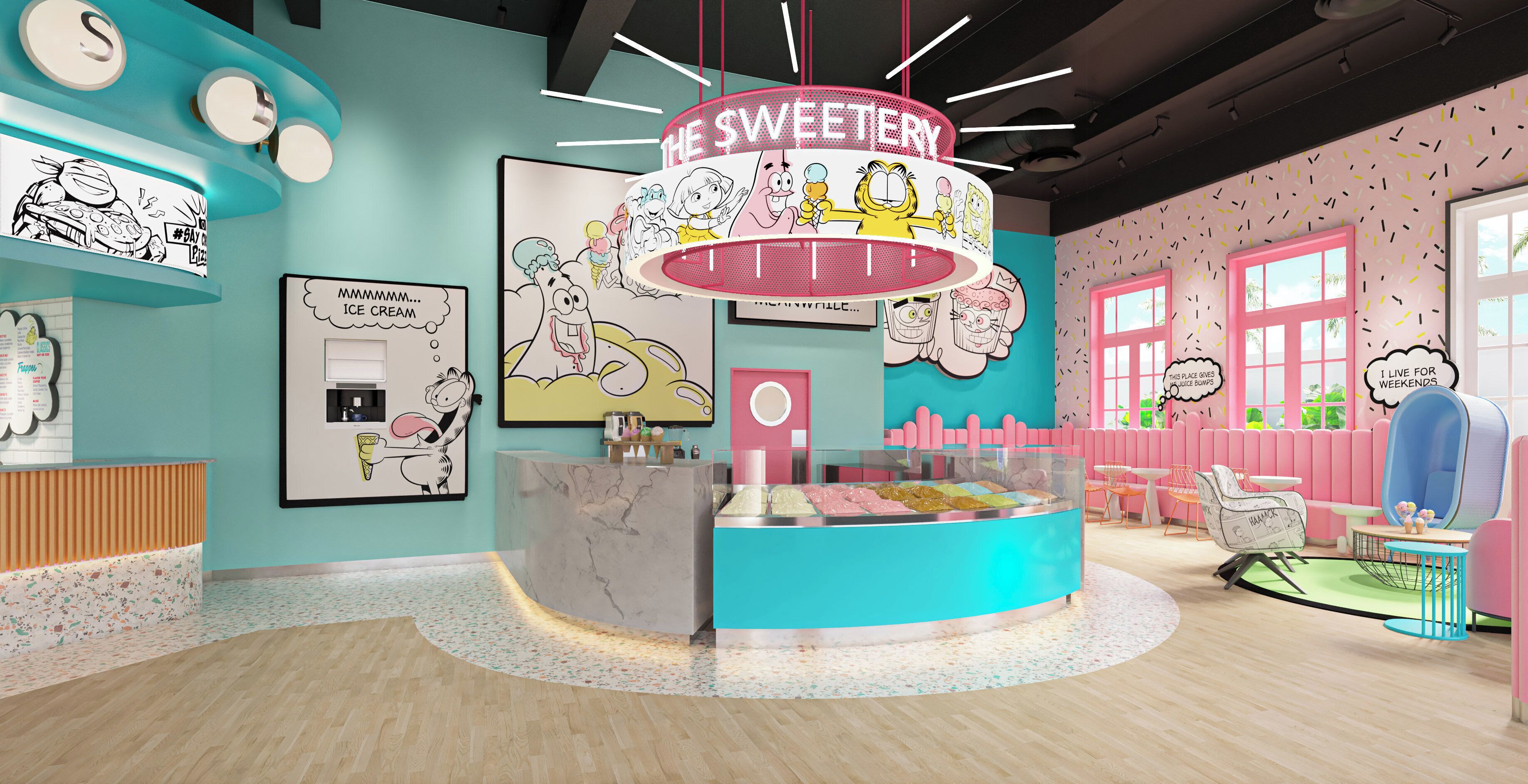 Un interno vivace di una gelateria con un bancone centrale, opere d'arte a tema cartone animato e una zona salotto decorata in rosa.