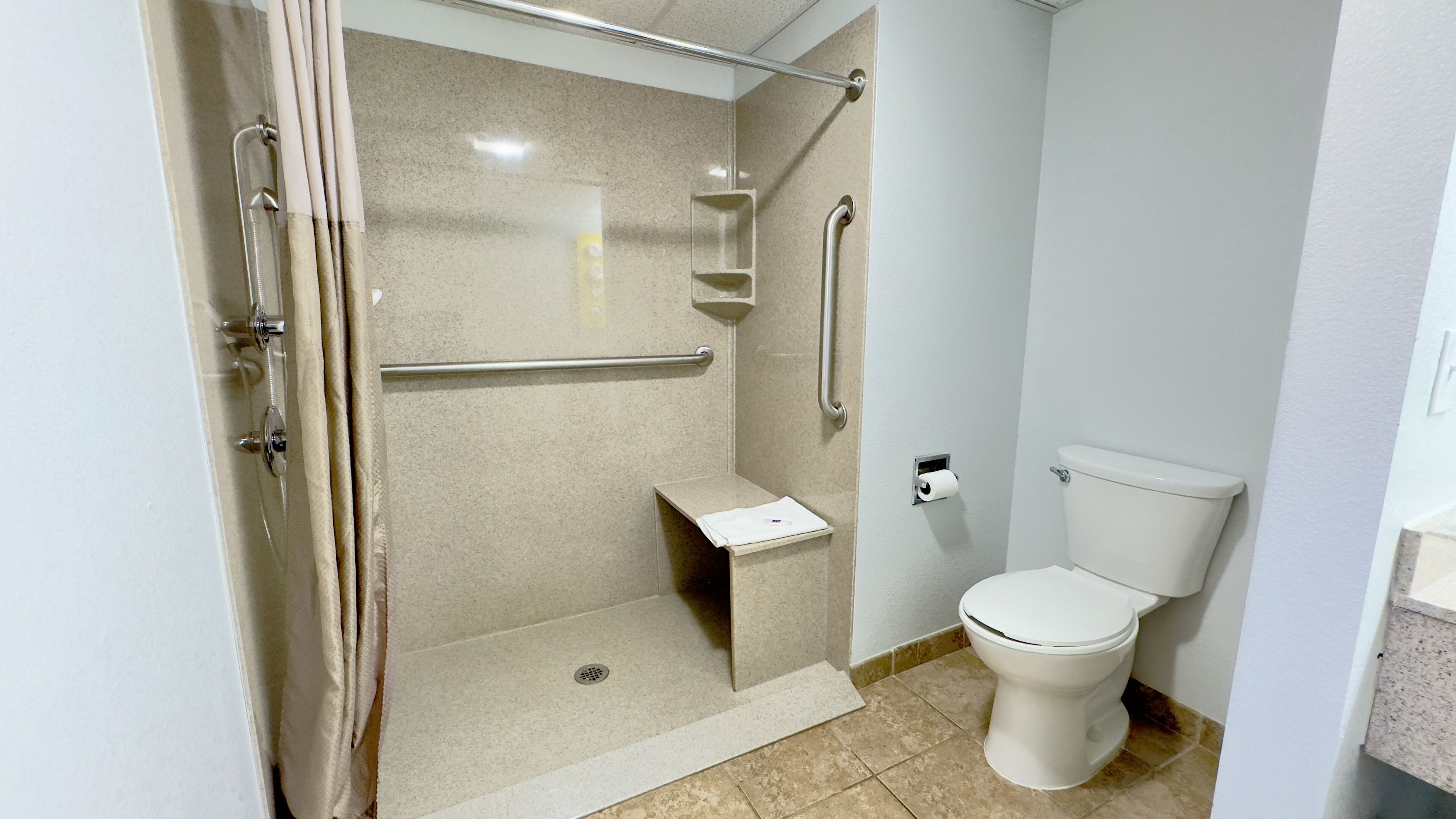 A bathroom with a shower, toilet, and grab bars.