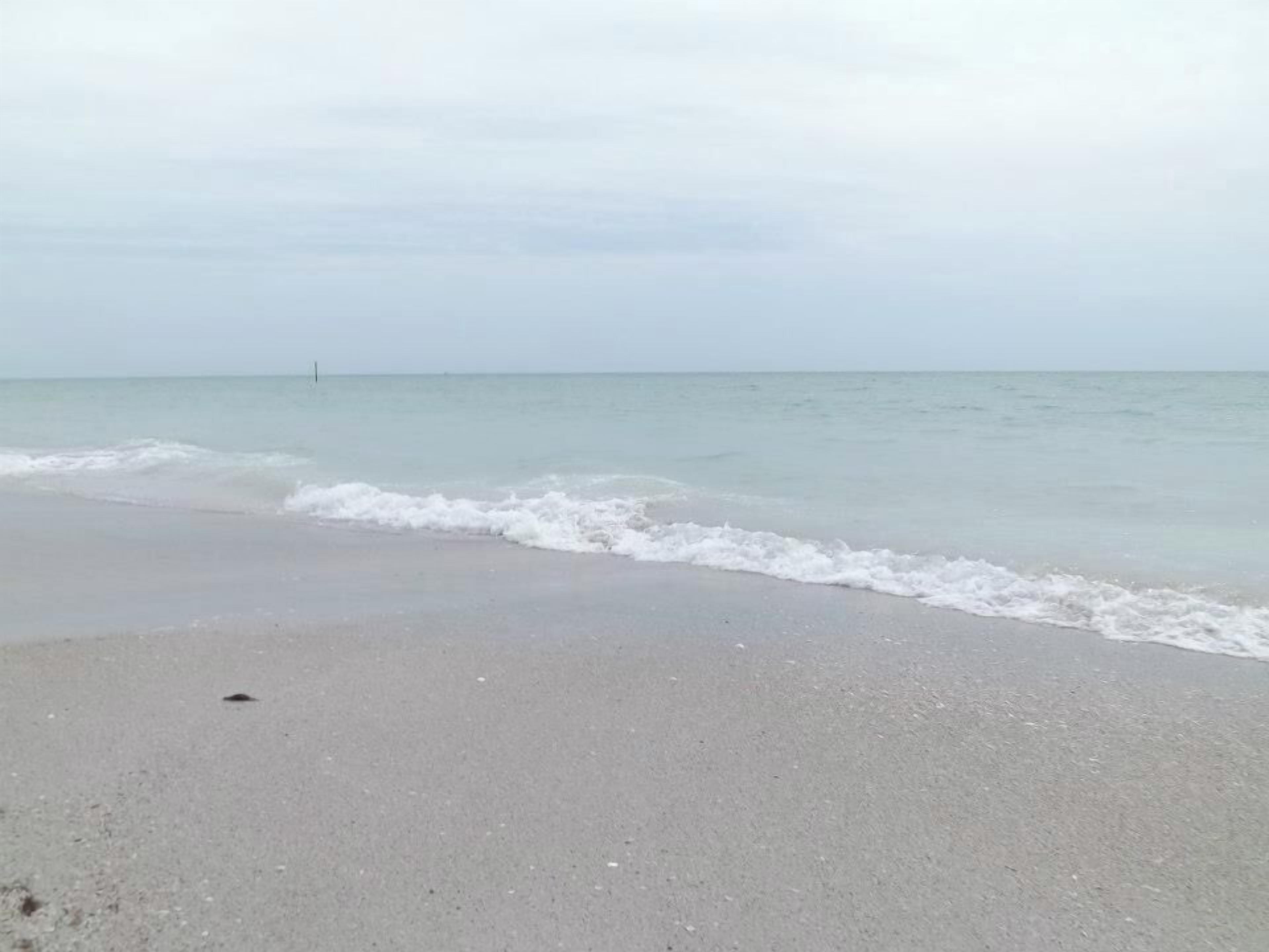 A beach with a calm sea and a clear sky.