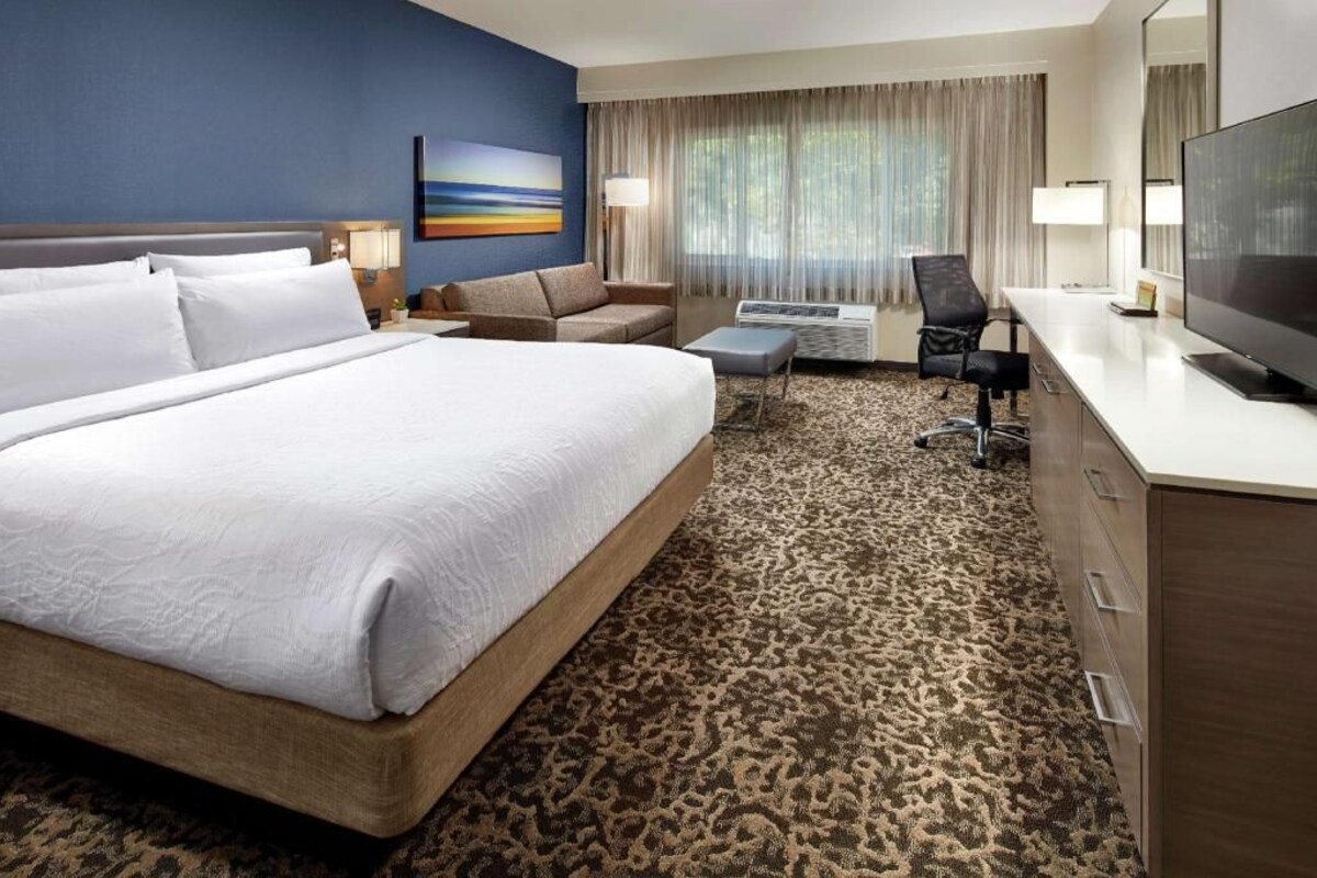 Habitación de hotel con una cama grande, un escritorio con televisor, una silla, un sofá, un equipo de aire acondicionado y un cuadro en la pared.