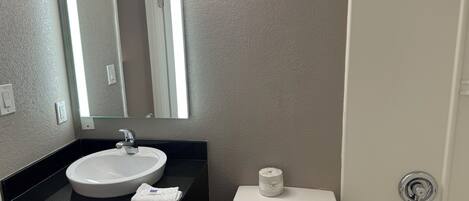Une salle de bain avec un lavabo blanc, un plan de toilette noir et des toilettes dotées d’un porte-rouleau de papier toilette.