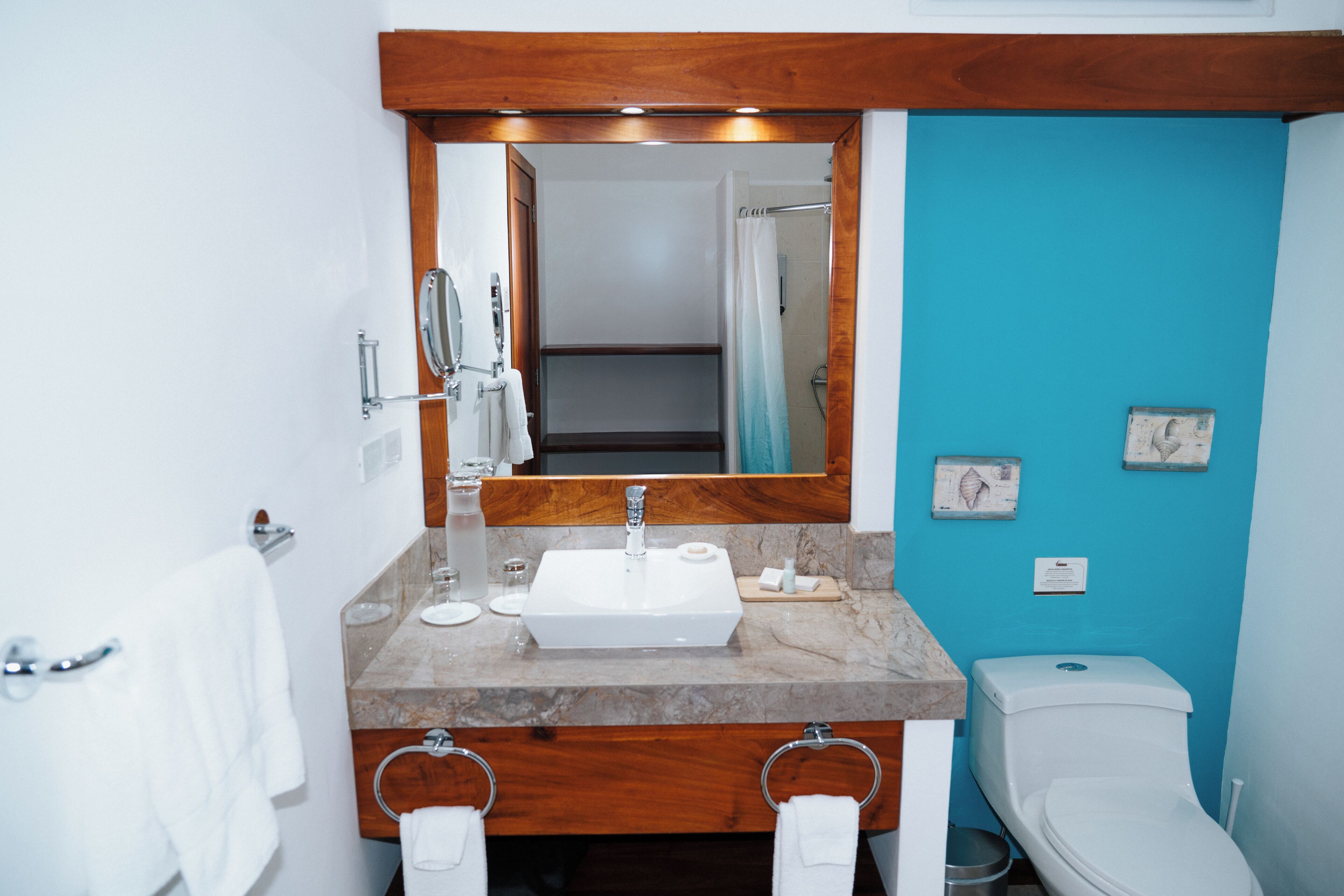 A bathroom with a wooden vanity, a white sink, a mirror, a toilet, and a blue accent wall.