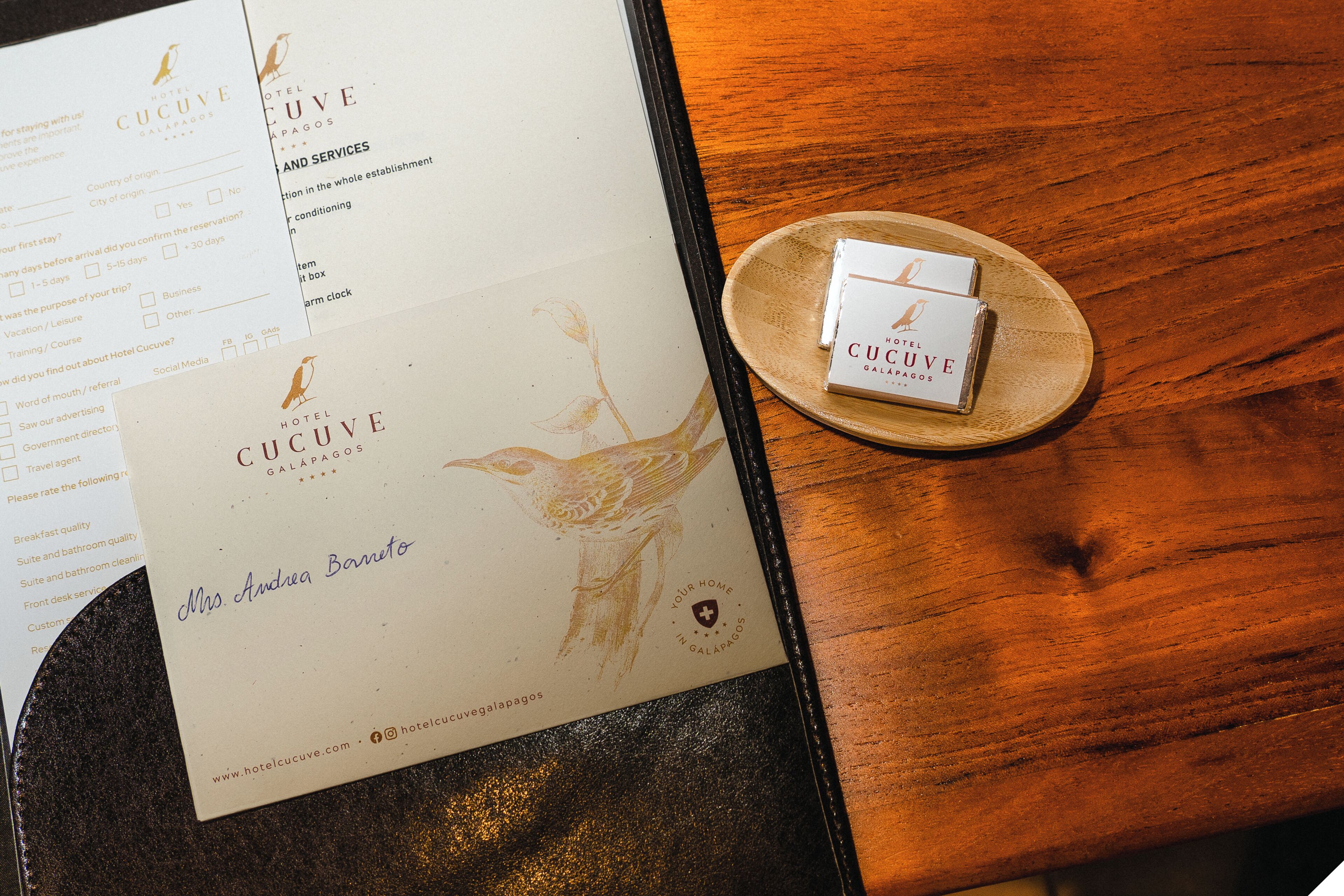 A hotel brochure with a bird logo, a guest's name, and a website URL.
