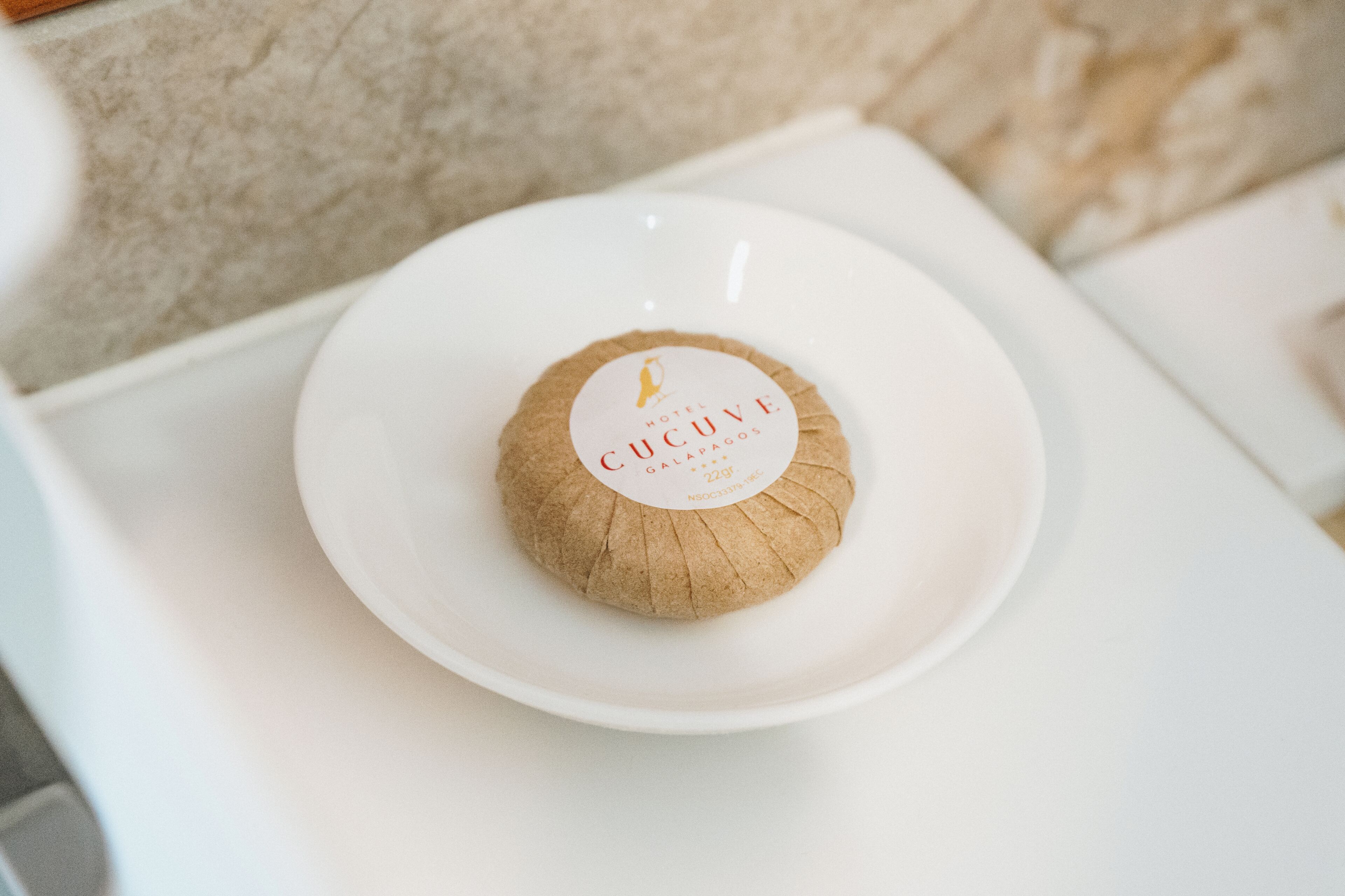A round, brown object with a label on a white plate.