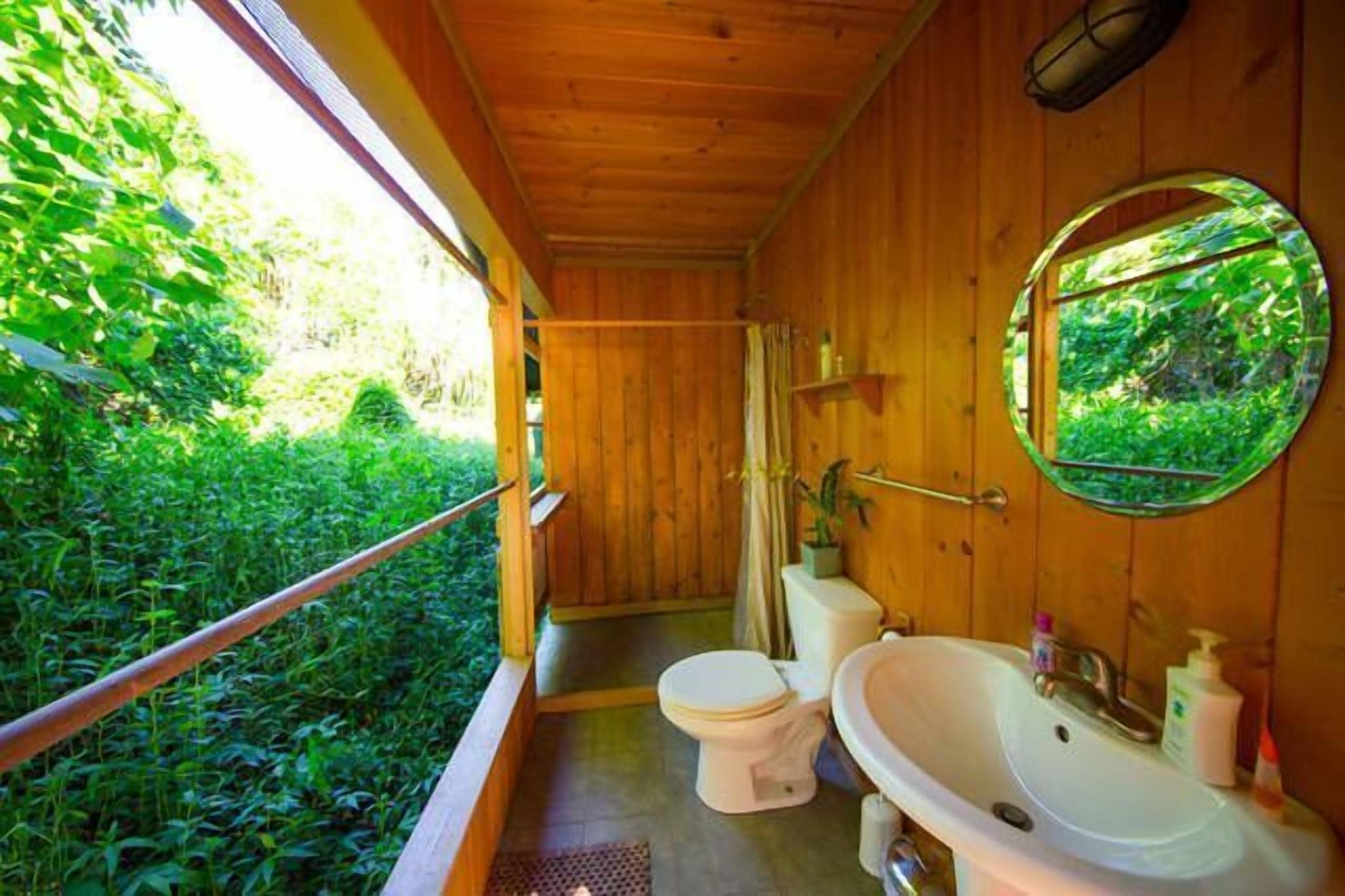 Une salle de bain rustique, aménagée dans une cabane en bois, avec des toilettes, un lavabo et un grand miroir.