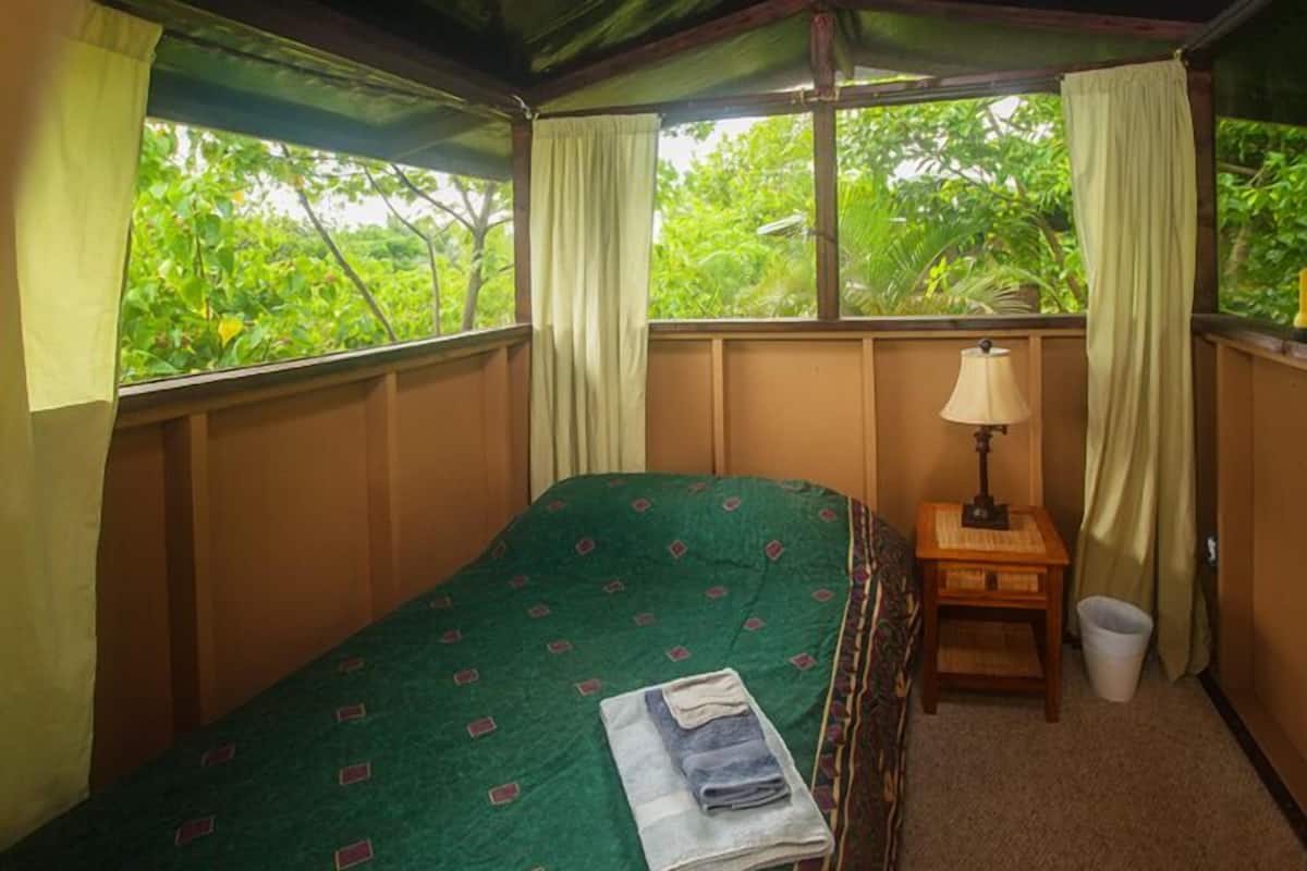 Un lit simple avec une couvre-lit verte, une table de chevet avec une lampe et une fenêtre avec des rideaux.