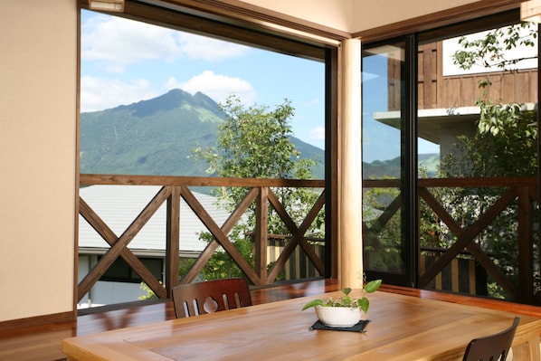 A wooden dining table with chairs, a potted plant, and a view of a mountain through large windows.