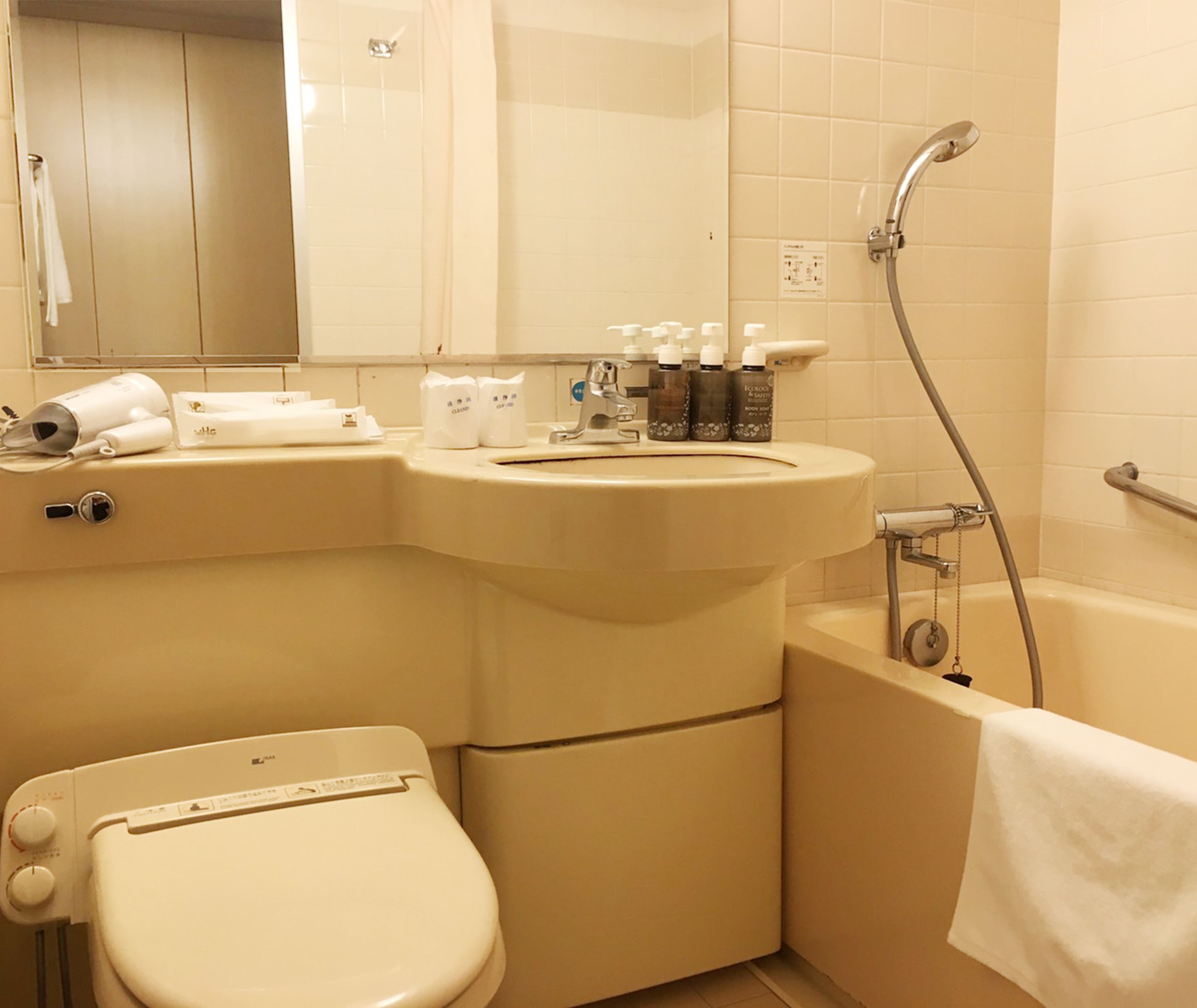 combined shower/bathtub, free toiletries, hair dryer, slippers