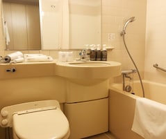 Combined shower/tub, free toiletries, hair dryer, slippers