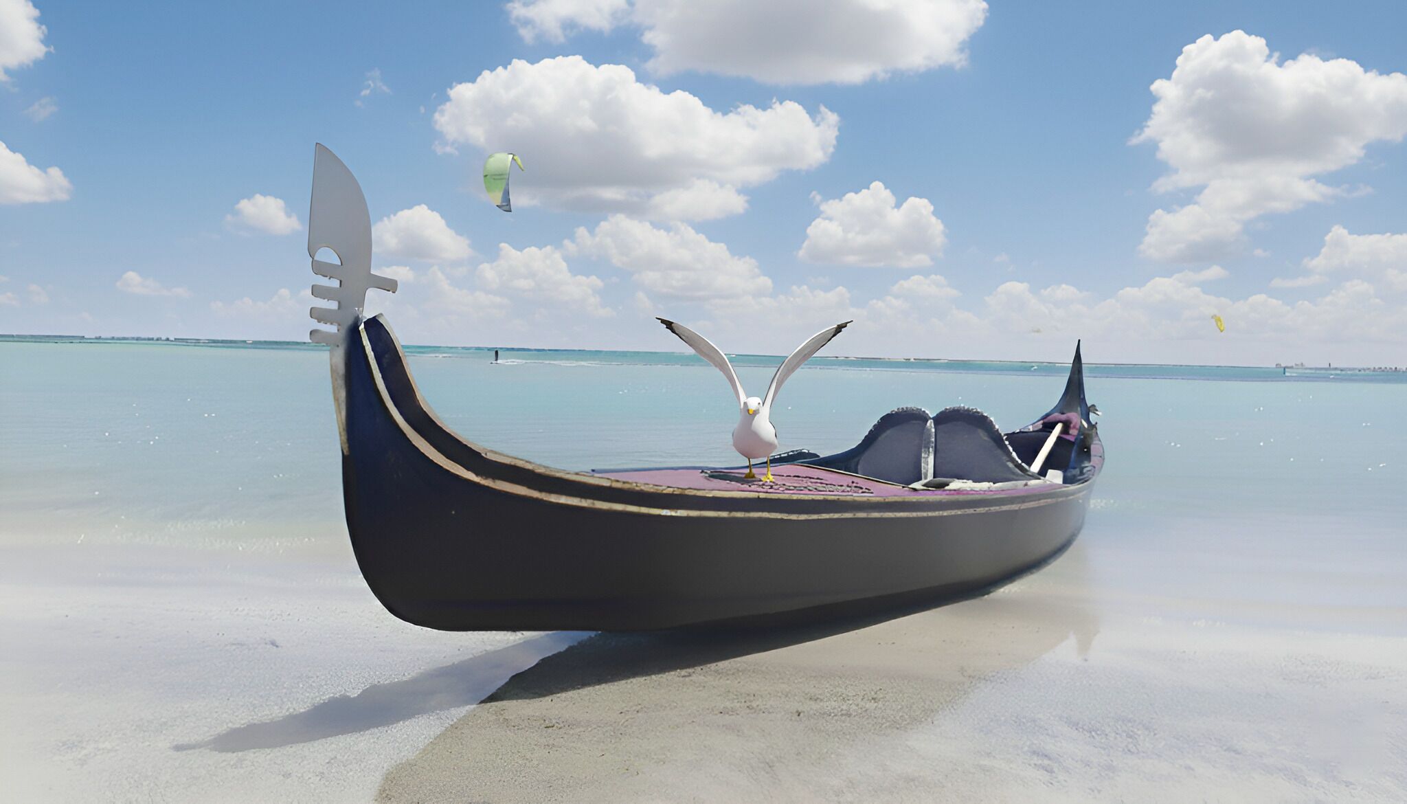 A traditional boat with a seagull on the bow, anchored on a clear beach with calm waters and a distant shoreline.