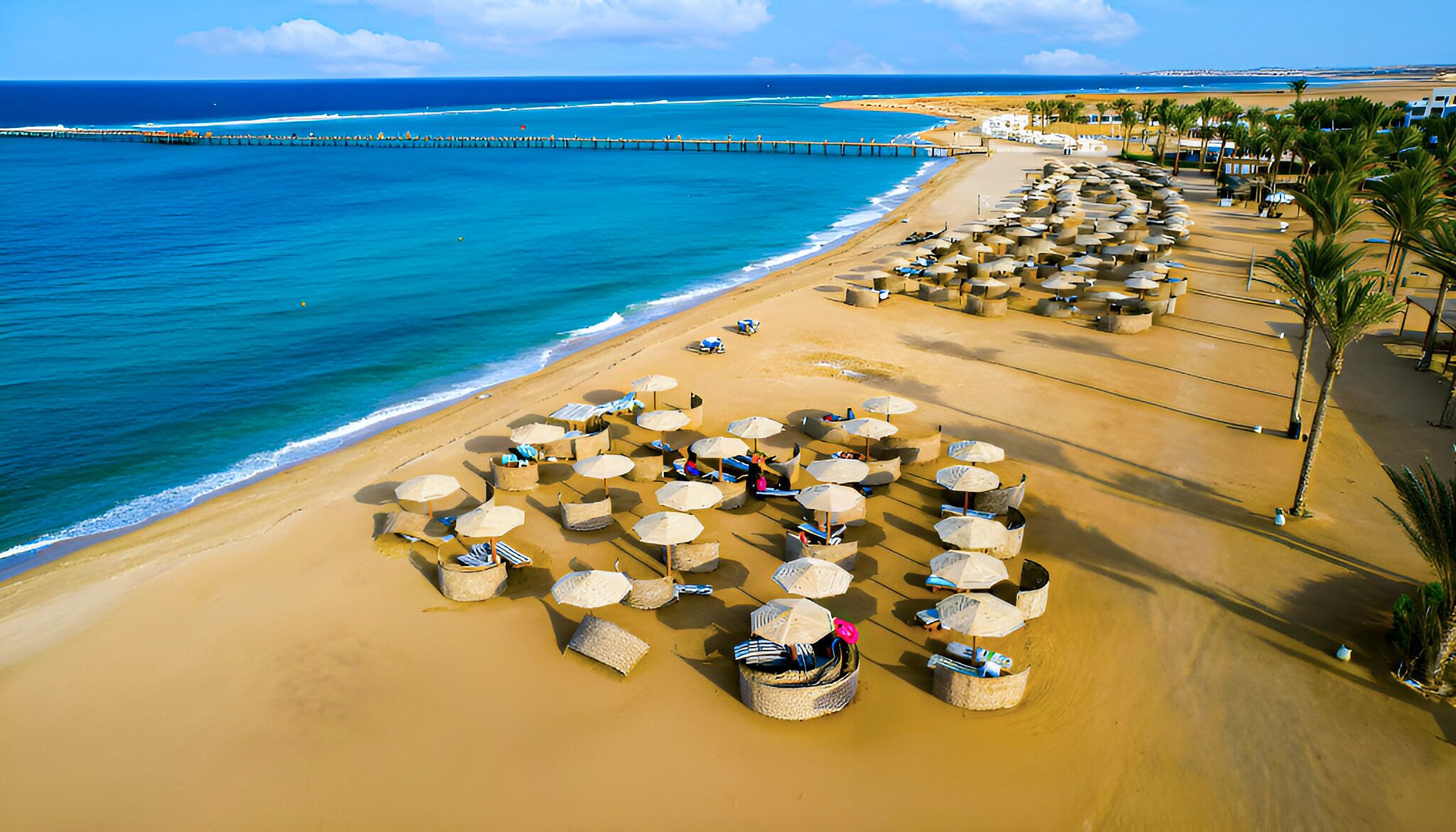 A beach with numerous sun umbrellas and lounge chairs arranged in rows, a pier extending into the ocean, and a clear view of the sea.