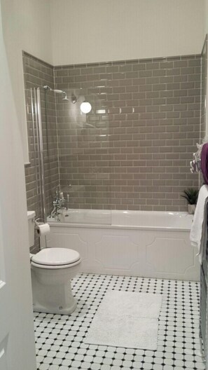 Combined shower/bathtub, hair dryer, towels