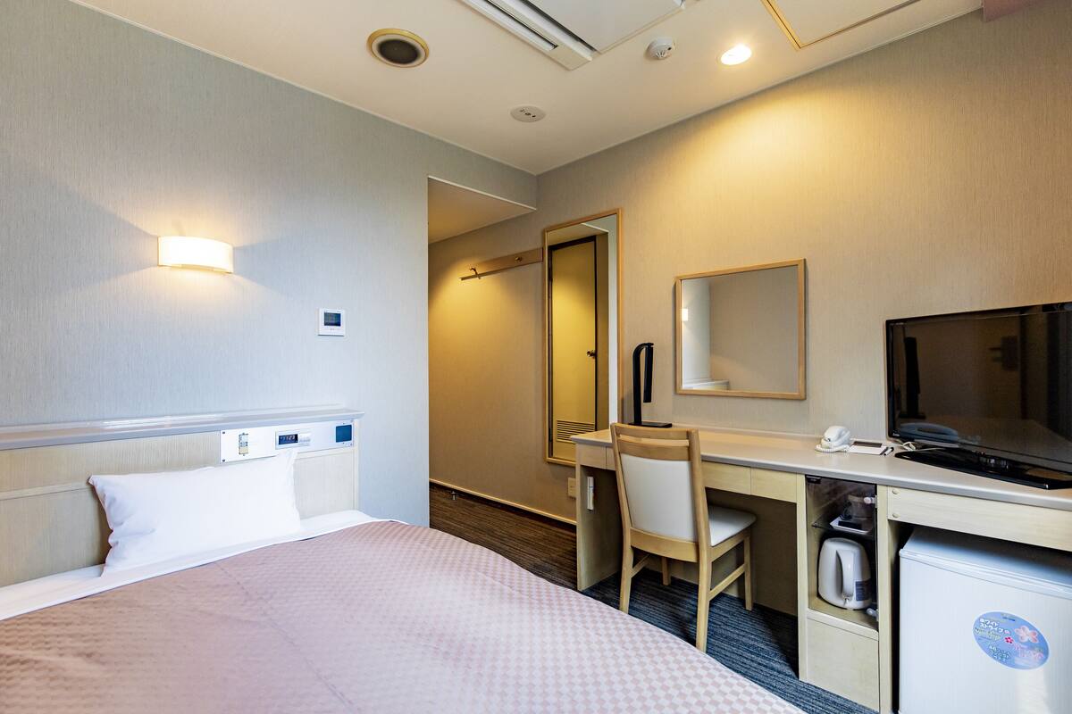 A hotel room with a bed, a desk with a chair, a television, and a mirror.