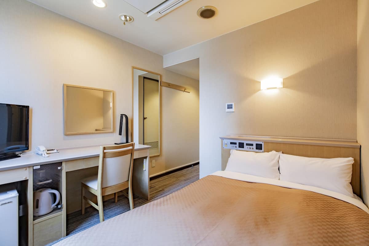 A hotel room with a bed, a desk, a chair, a television, and a mirror.