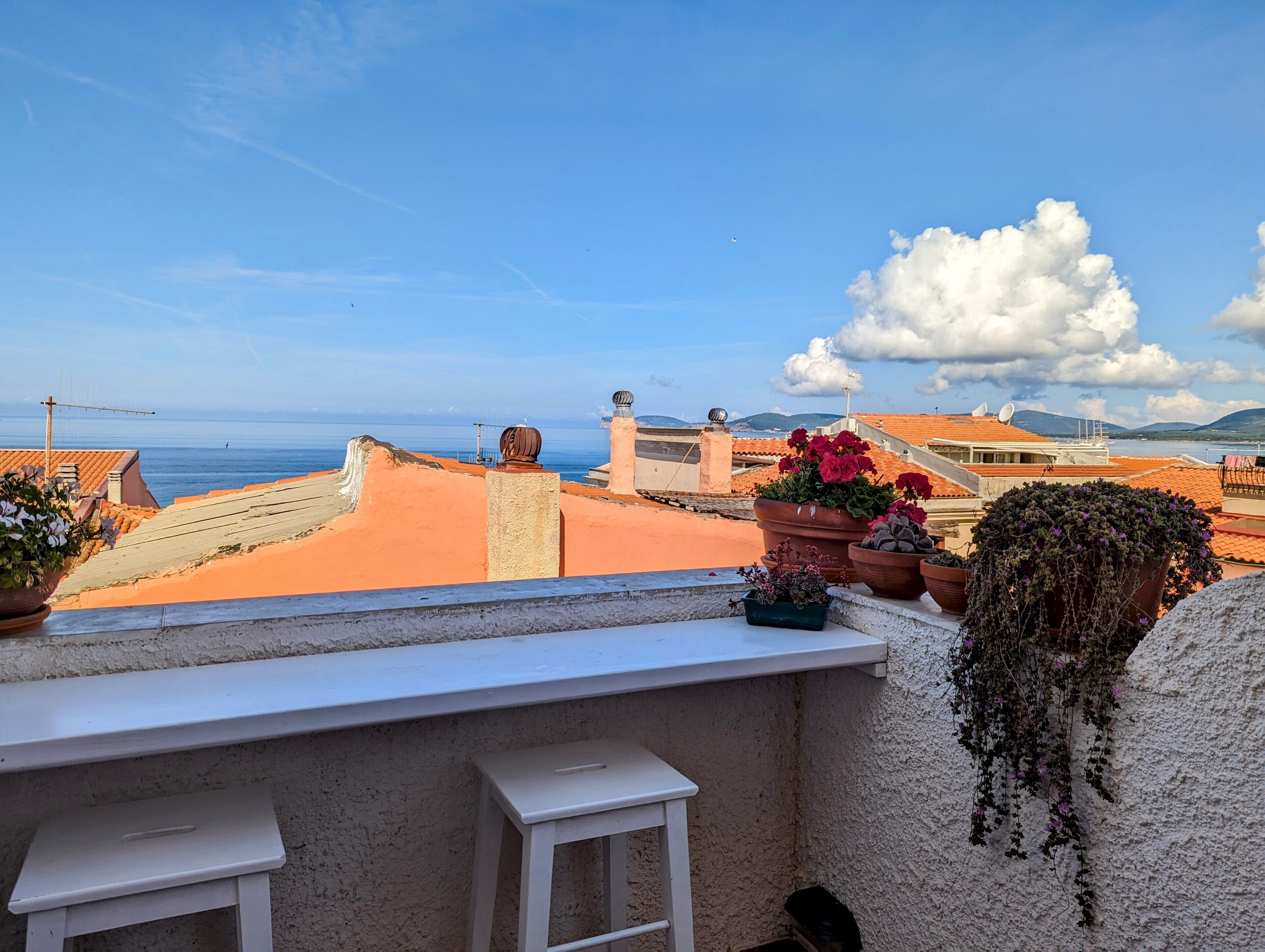 Une terrasse sur le toit agrémentée de plantes en pot, dotée d’une balustrade blanche et offrant une vue sur la mer et les montagnes lointaines.