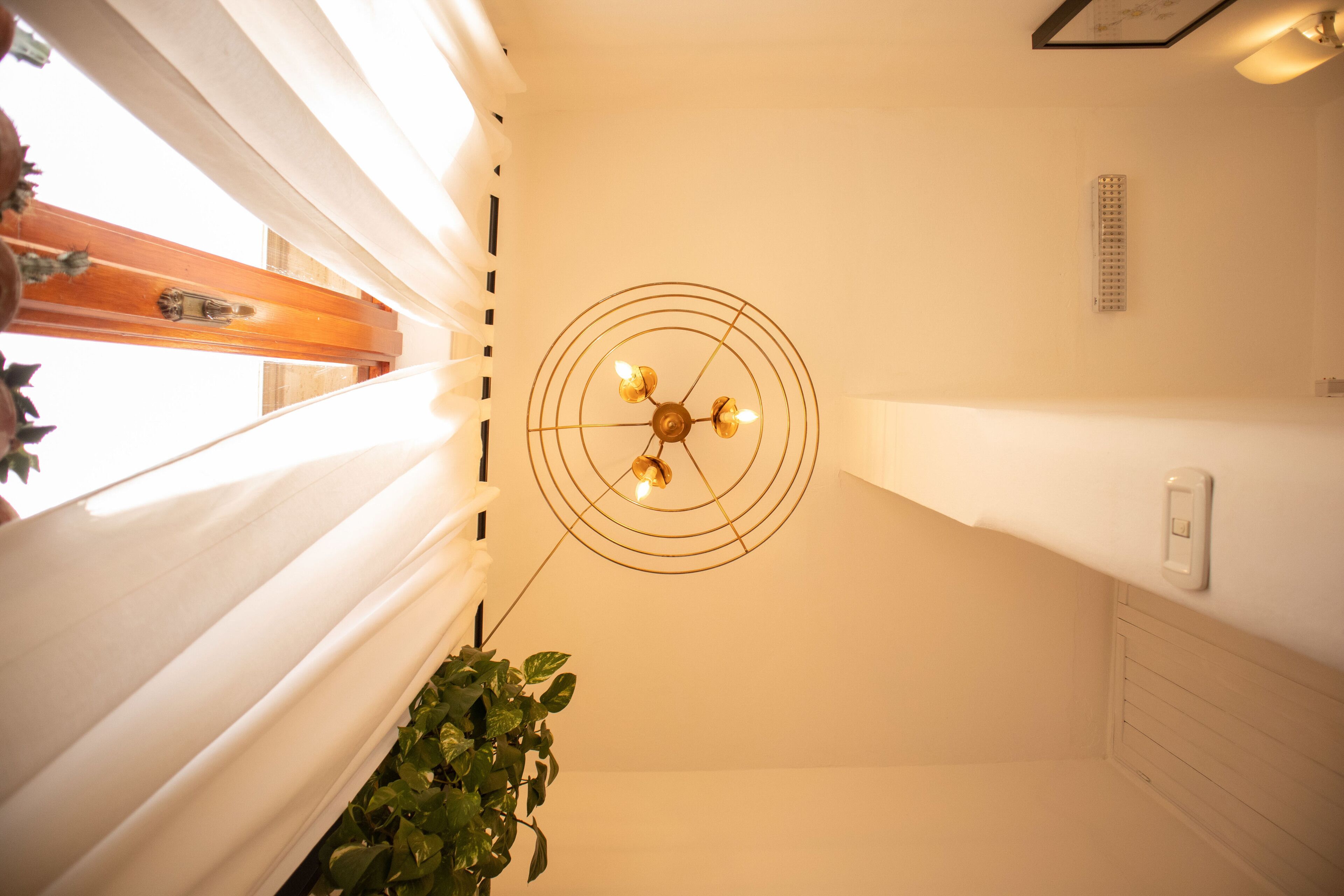 A ceiling fan with four light bulbs, a wall-mounted thermostat, and a window with white curtains.