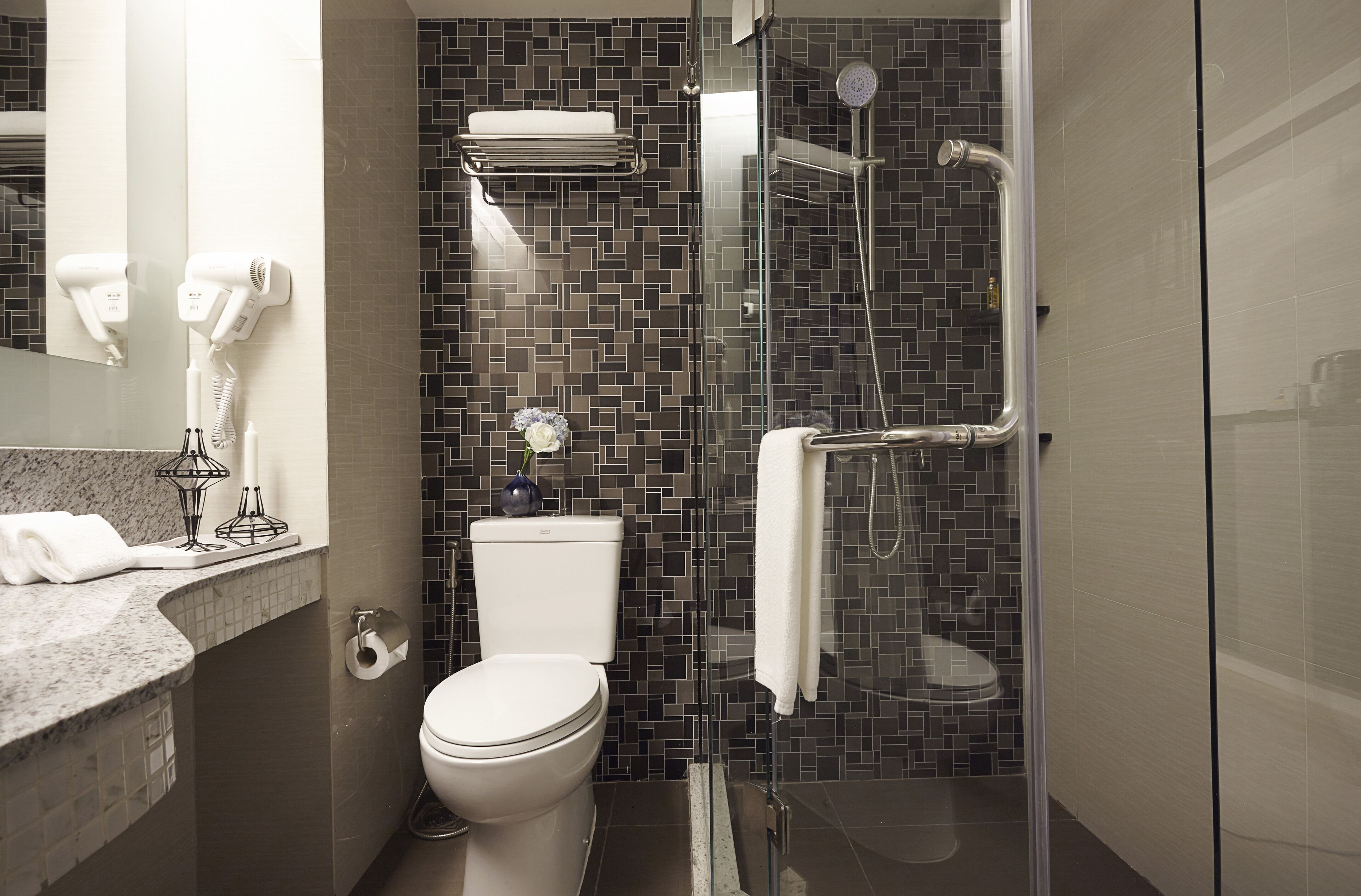 shower, free toiletries, hair dryer, dressing gowns