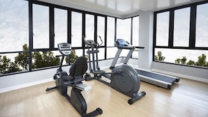 Un gimnasio moderno en casa con bicicleta estática, elíptica y cinta de correr, ventanas amplias con vistas a árboles.
