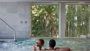 Un couple dans un bain à remous, avec vue sur les arbres à travers une grande fenêtre.