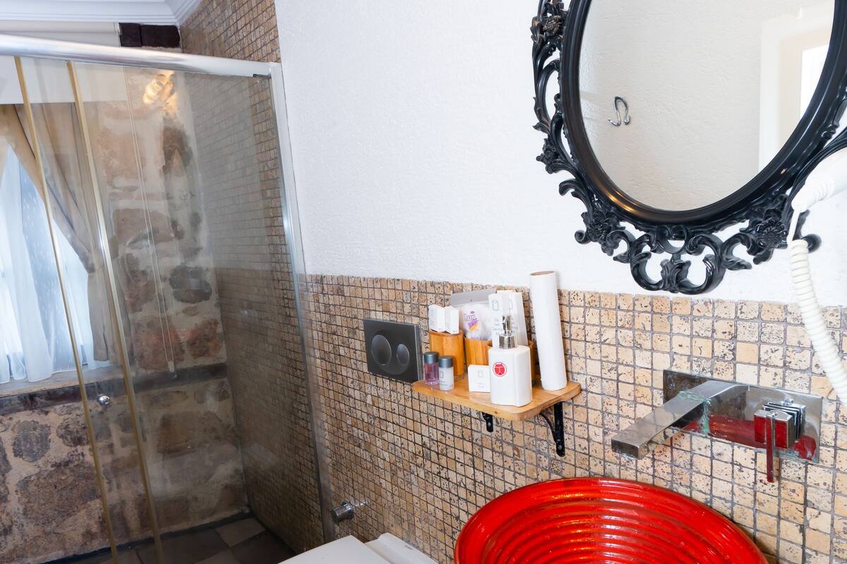 Un baño con inodoro blanco, lavamanos rojo, cabina de ducha con mampara de vidrio, espejo con marco decorativo y pared de azulejos con diseño de ladrillo.