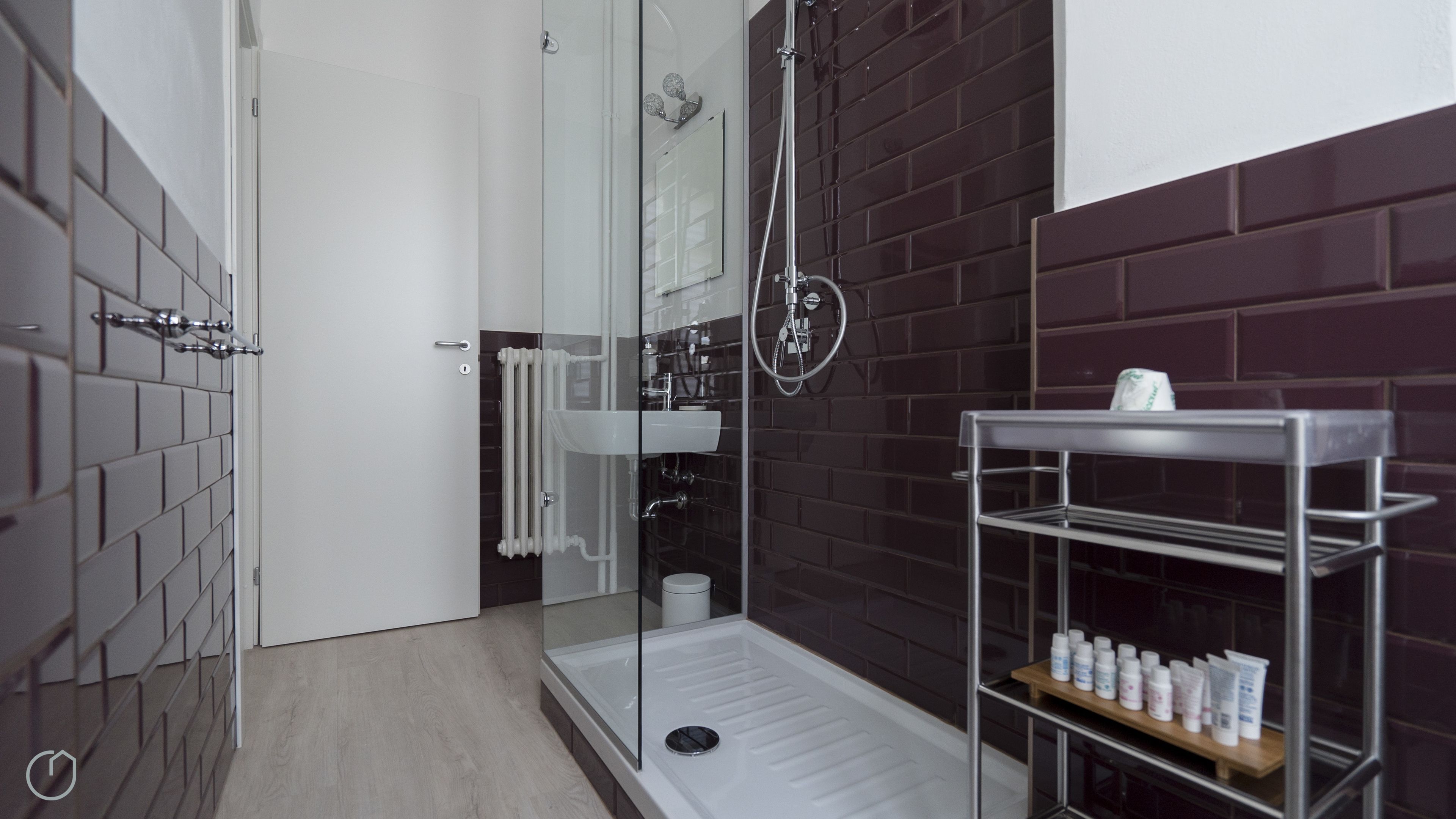 A modern bathroom with a glass shower enclosure, a white sink, and a shelf with toiletries.