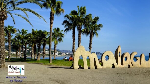 A beach with palm trees and a sign spelling 'Malaga'.