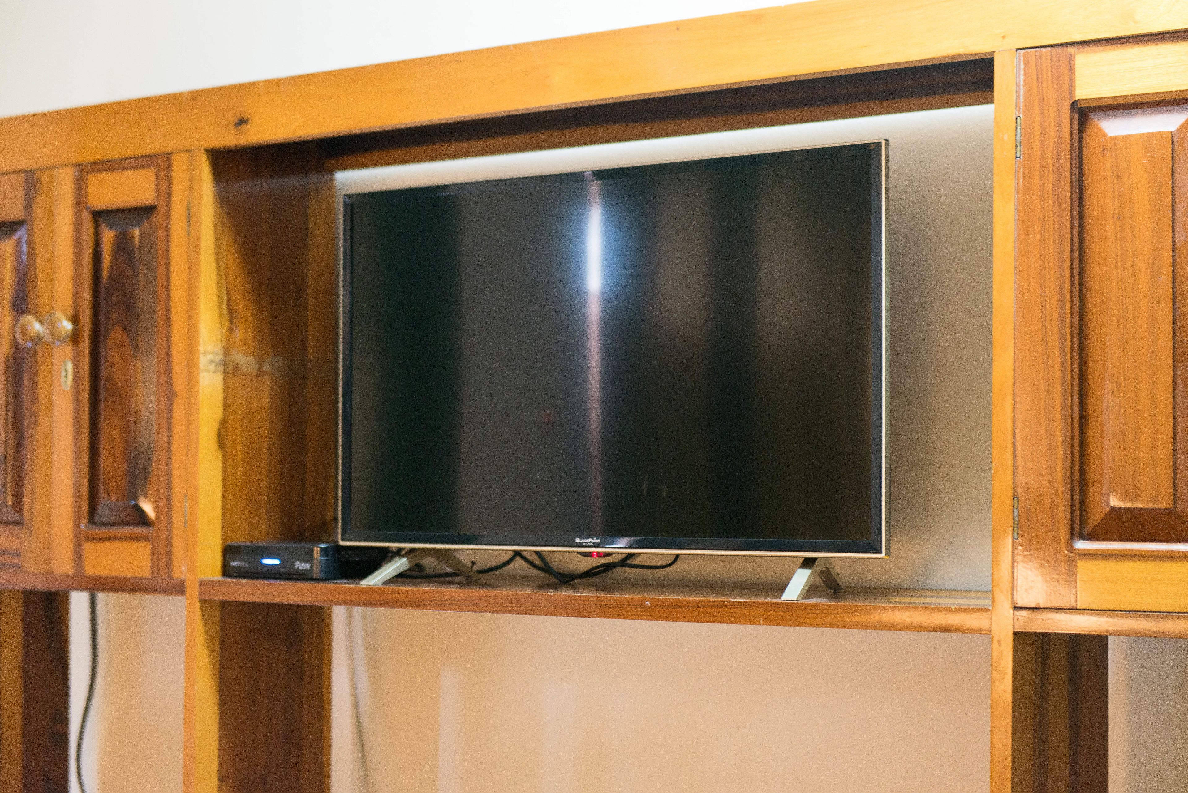 Un téléviseur à écran plat fixé sur un meuble en bois.