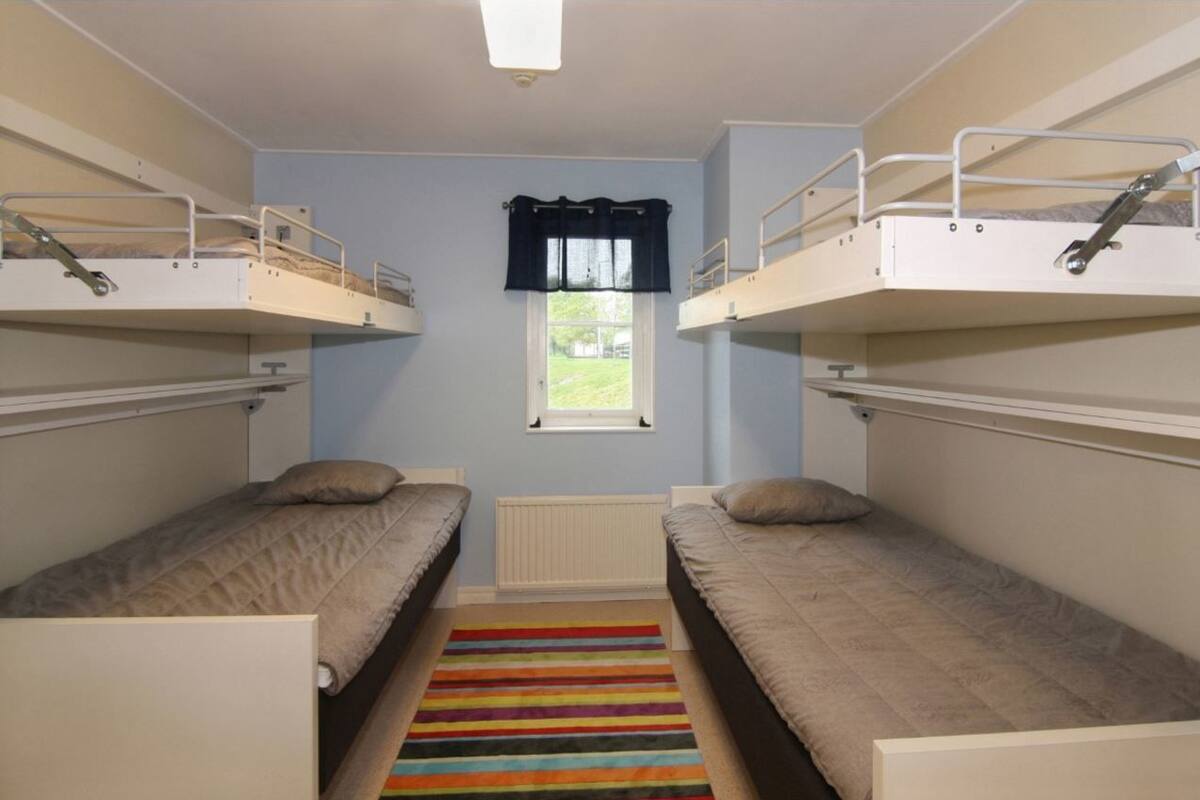 A dormitory room with bunk beds, a window with curtains, and a striped rug.