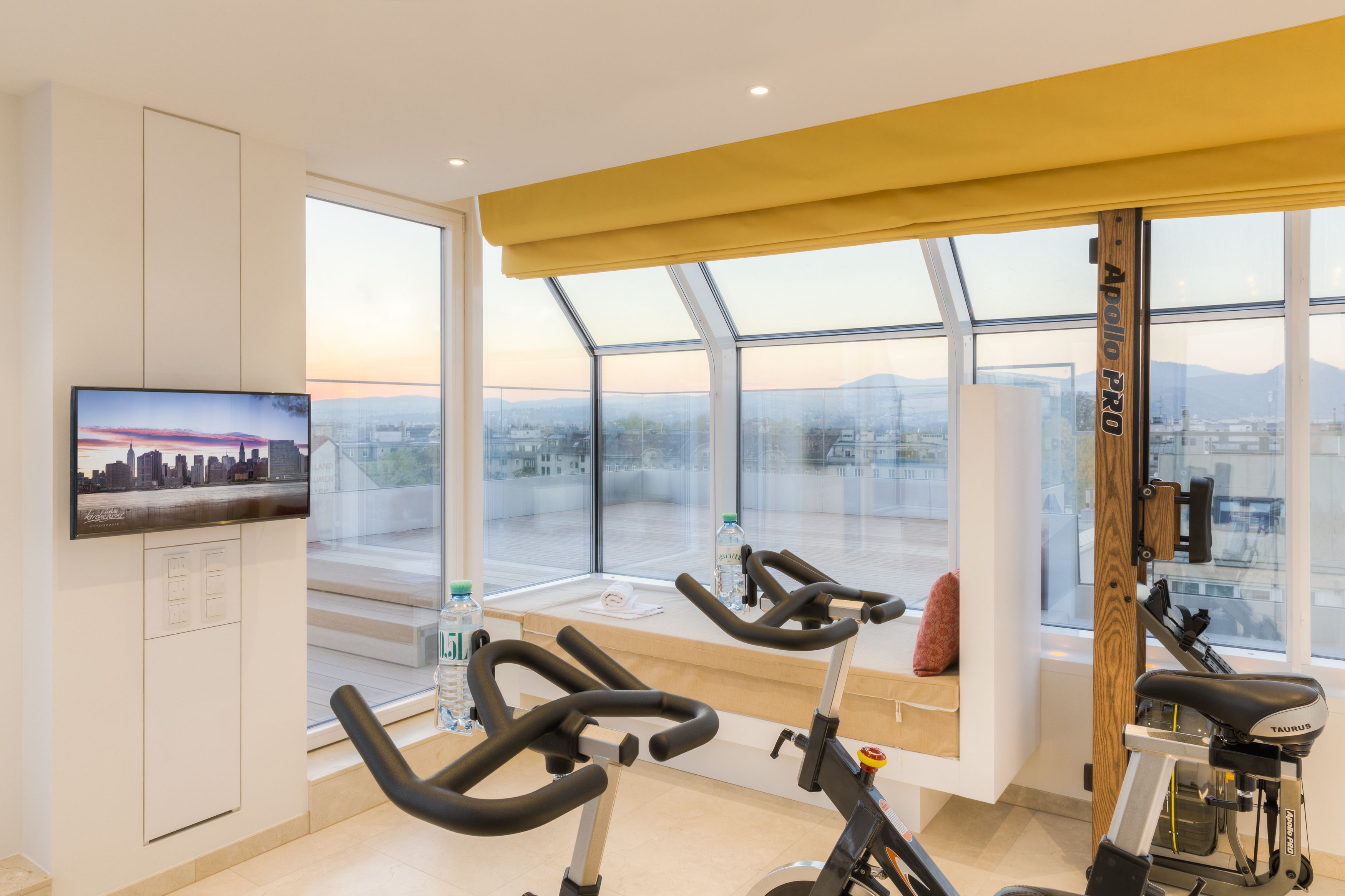 A modern gym with exercise equipment, a television, and large windows offering city views.