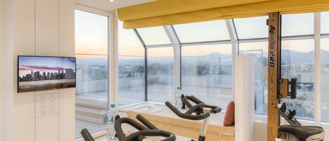 A modern gym with exercise equipment, a television, and large windows offering city views.