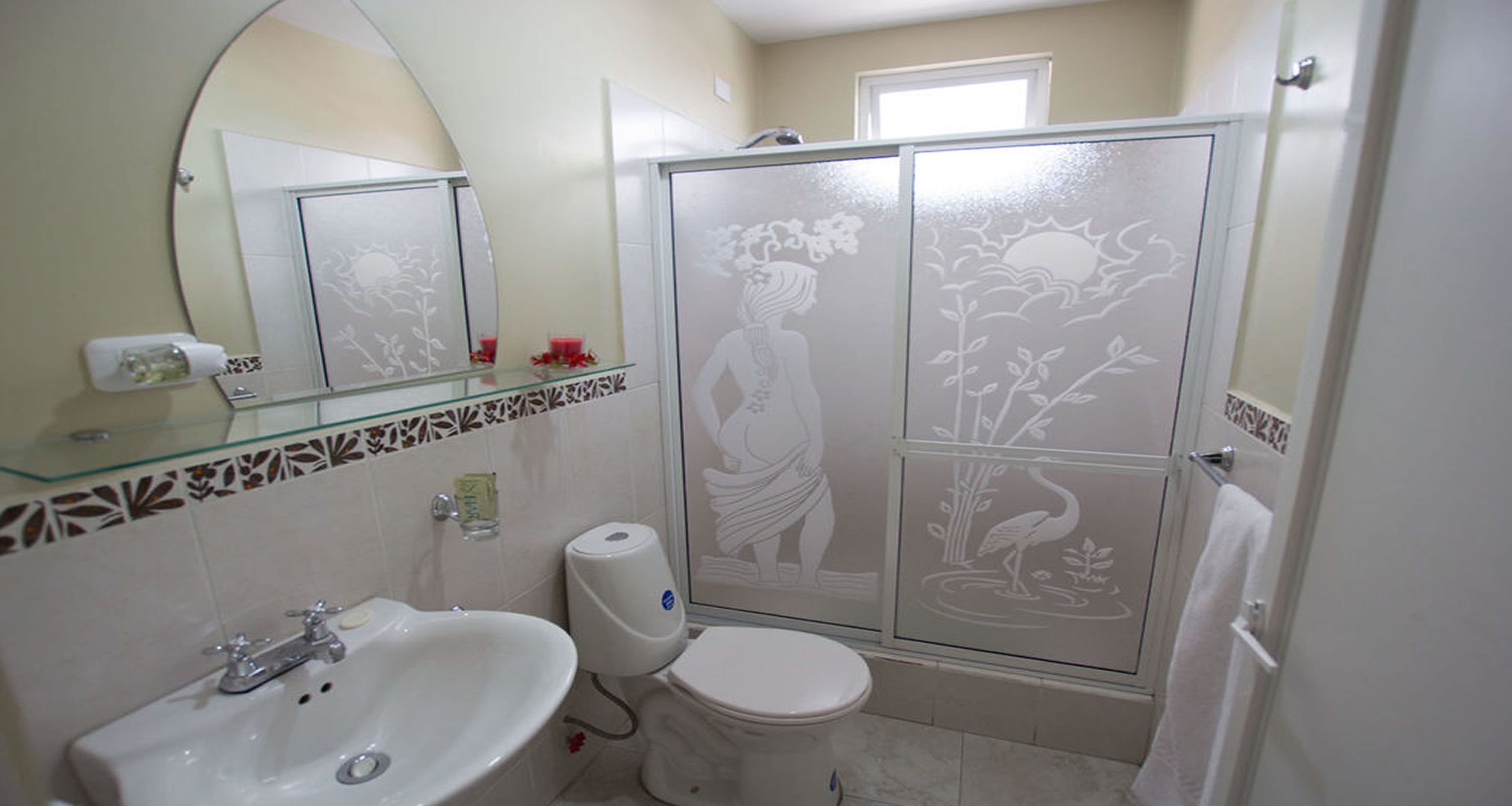 shower, rainfall showerhead, designer toiletries, towels