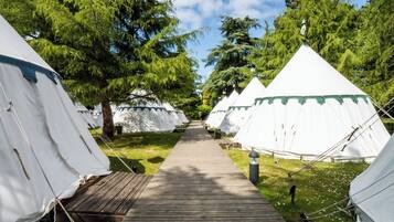 A pathway leading to white tents with green trim, surrounded by trees.