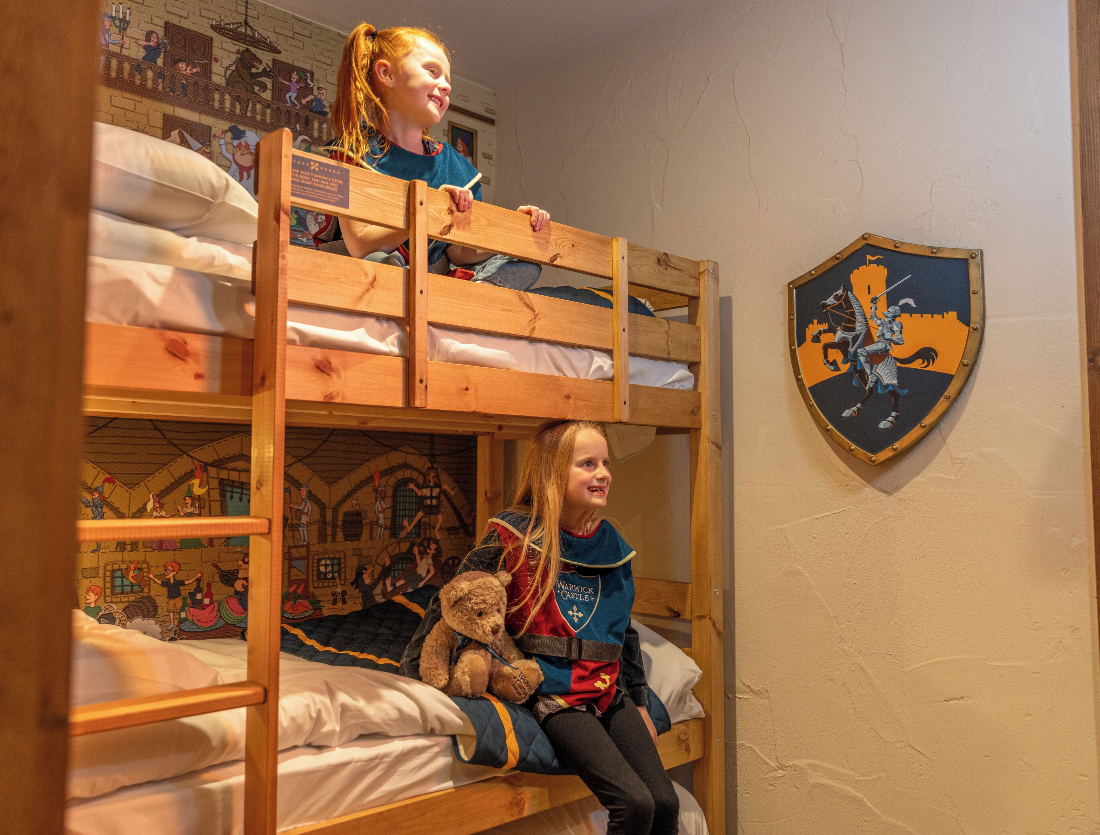 Una cama litera con un mural decorativo y un escudo.