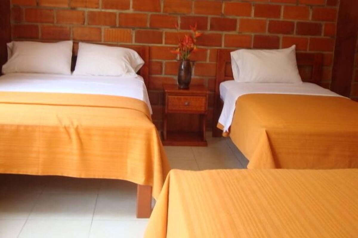Une chambre avec deux lits, chacun agrémenté d’oreillers blancs et de draps orange, le tout adossé à un mur de briques.