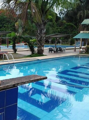 A swimming pool with clear blue water, surrounded by palm trees and covered seating areas. - Hostería Las Heliconias (Tena)