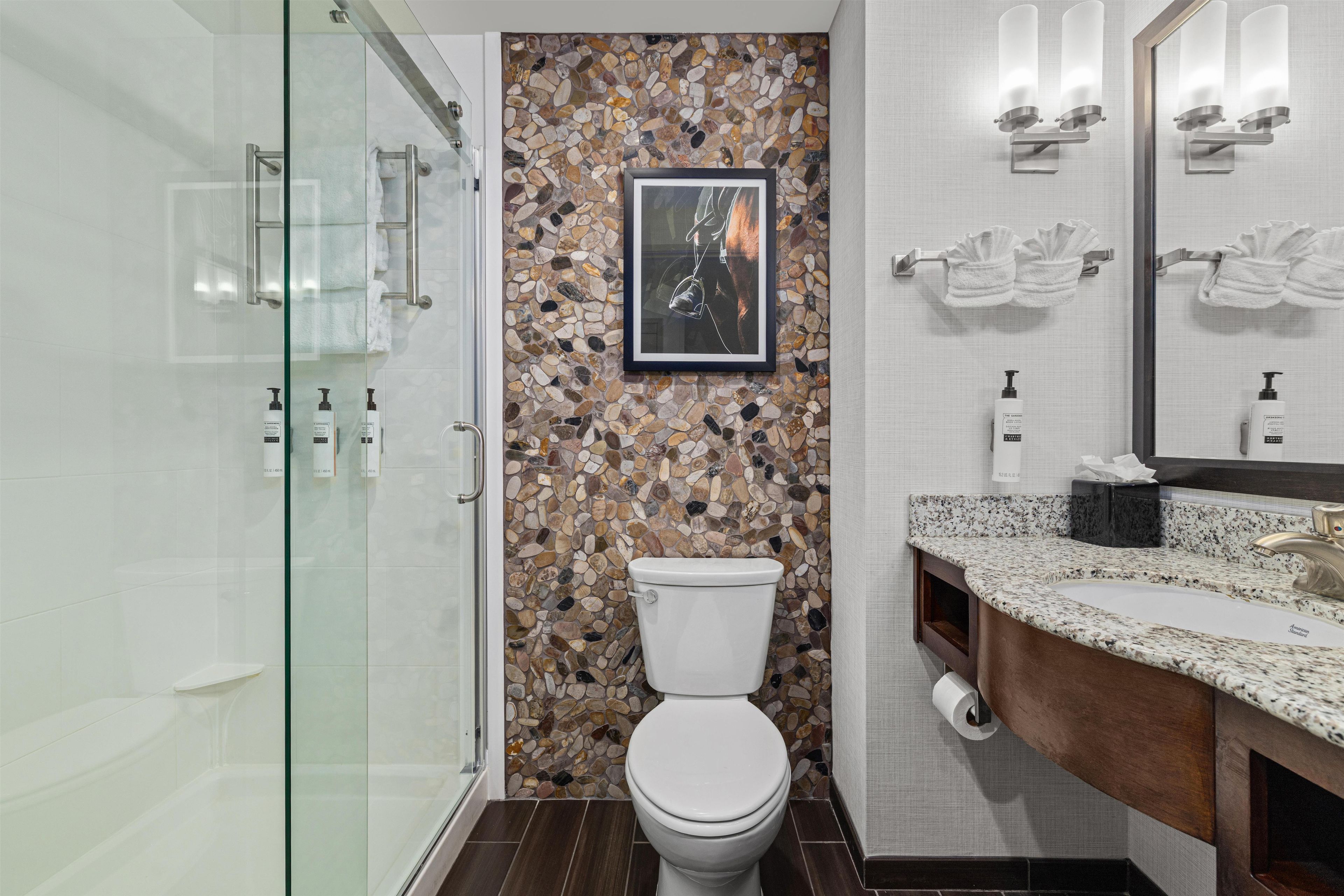 A modern bathroom with a glass shower enclosure, a toilet with a mosaic tile wall, and a vanity with a granite countertop.