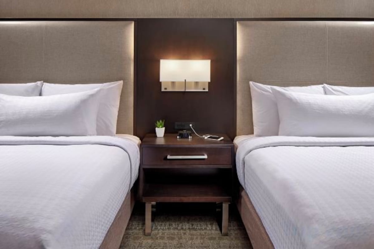 A hotel room with two beds, a nightstand with a lamp, and a small table with a plant.