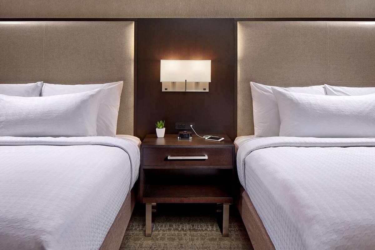 A hotel room with two beds, a nightstand with a lamp, a clock, and a small plant.
