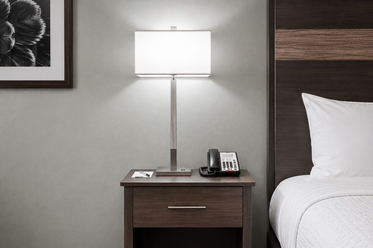 Premium bedding, desk, laptop workspace, blackout drapes