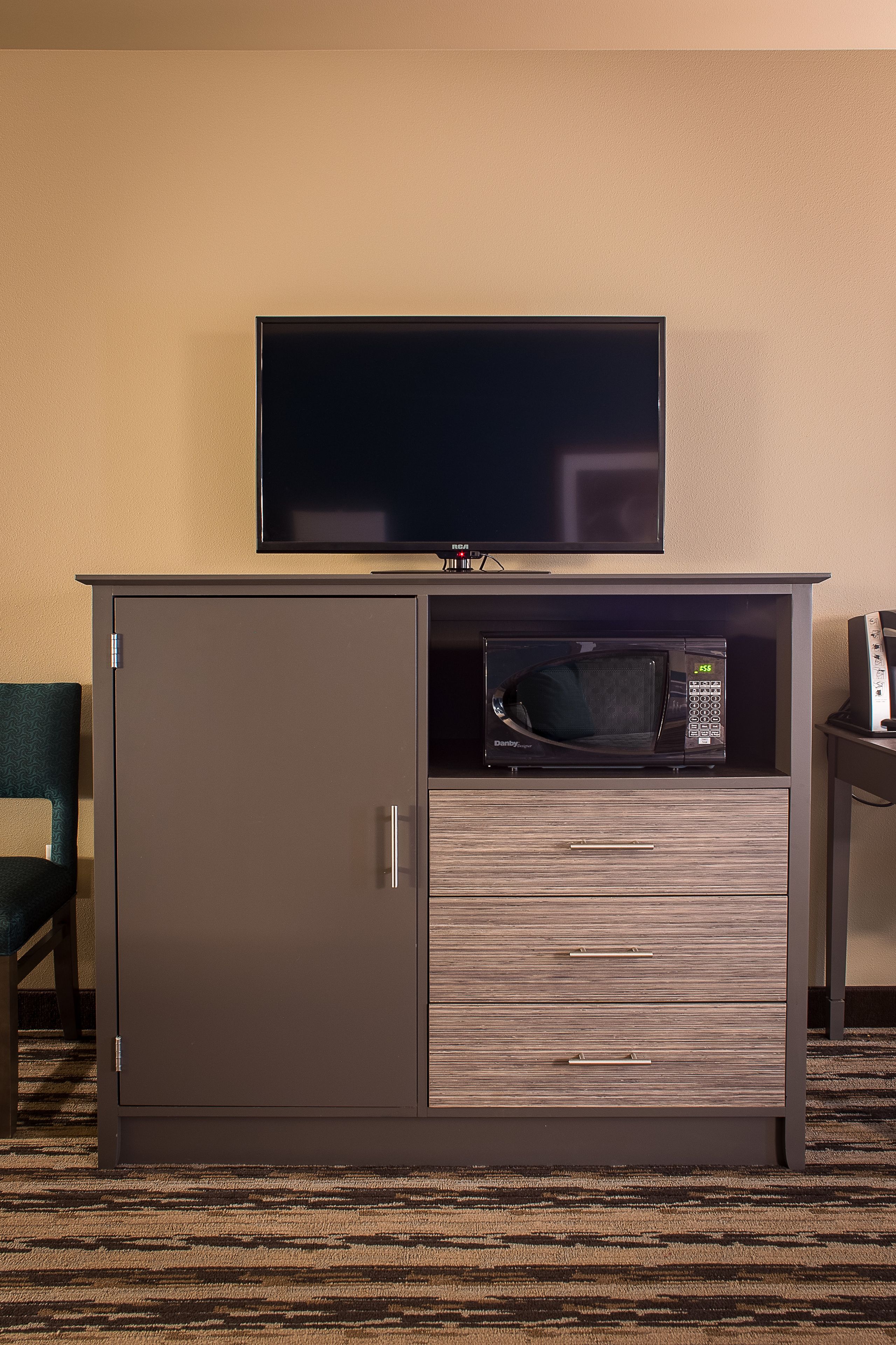 premium bedding, desk, laptop workspace, blackout curtains