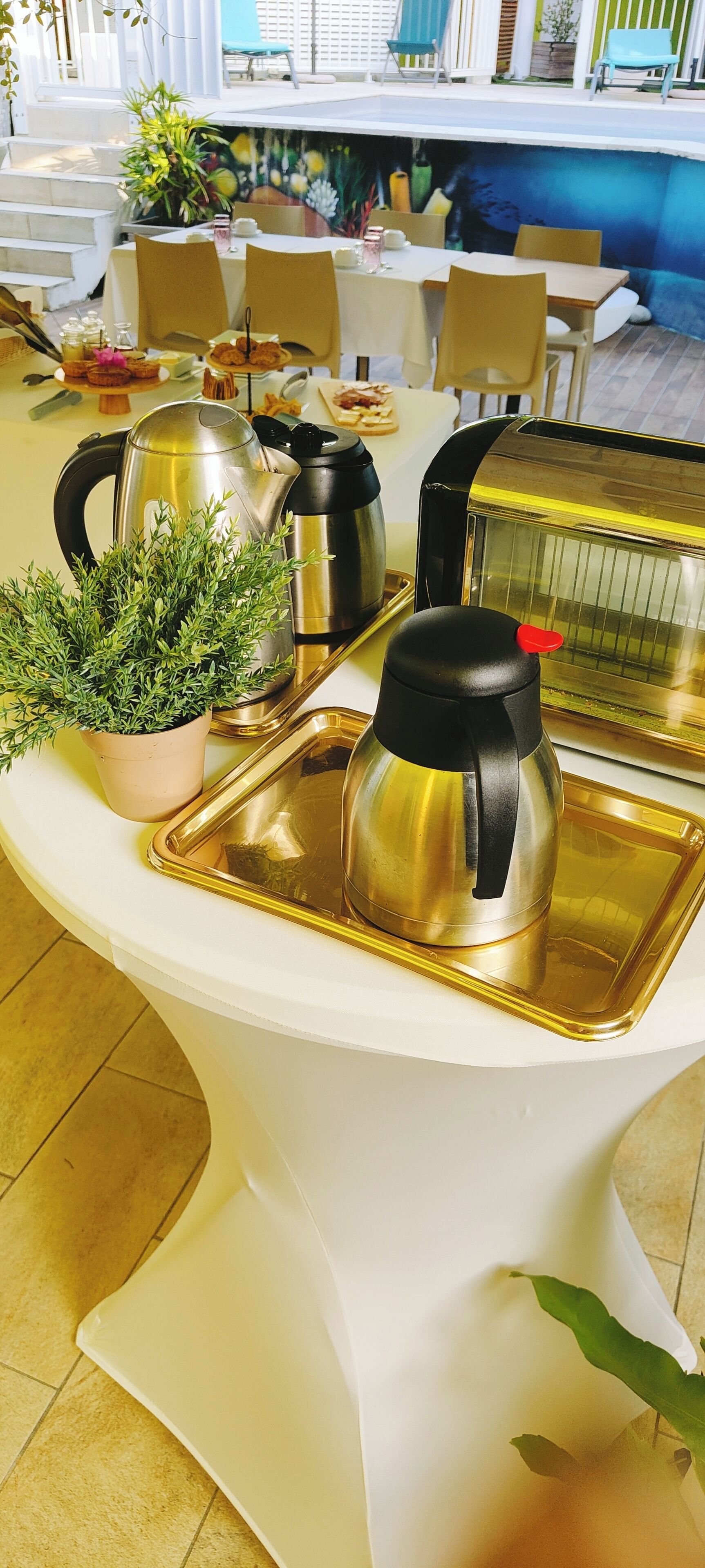 Ein Tisch mit einer Kaffeemaschine, einem Toaster und einer Topfpflanze.
