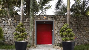 Una puerta roja junto a un muro de piedra y dos plantas en macetas.