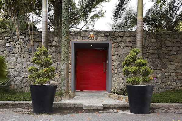 Une porte rouge, un mur en pierre et deux plantes en pot.